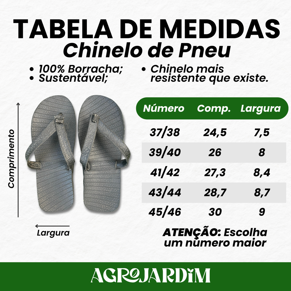 Imagem da Tabela de Medida do Chinelo de Pneu da AgroJardim